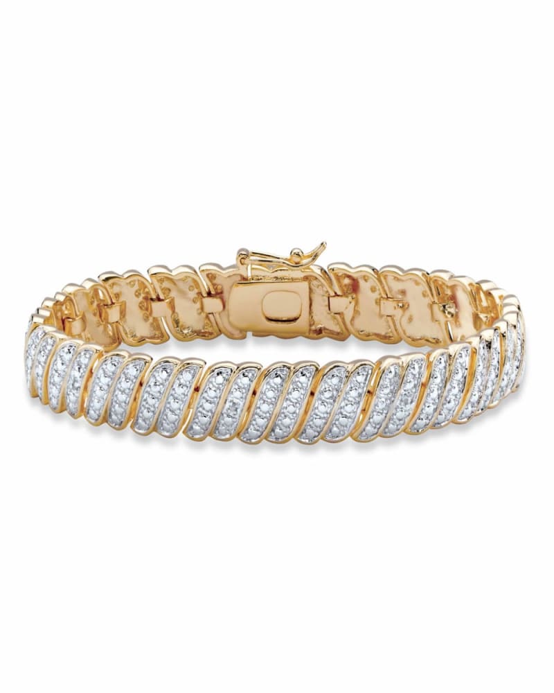 Front of a size 7 in Diamond Accent Gold-Plated Two-Tone Pave-Style S-Link Tennis Bracelet 7" in White by PalmBeach Jewelry. | dia_product_style_image_id:297080
